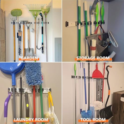 reliahom Broom Holder Wall Mount Mop Hanger Tools organizer 4Racks 5Hooks | Adjustable Mop Broom Wall Hanging Heavy duty Tools Storage Rack Space-saving for Garage,Kitchen,Laundry Room,Garden, Black - color: Black