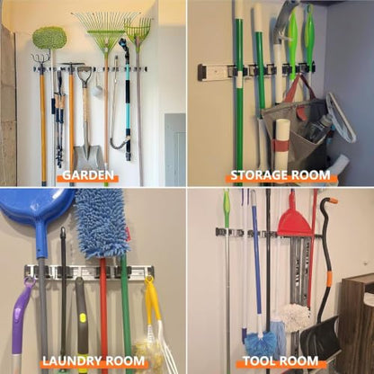 reliahom Broom Holder Wall Mount Mop Hanger Tools organizer 4Racks 5Hooks | Adjustable Mop Broom Wall Hanging Heavy duty Tools Storage Rack Space-saving for Garage,Kitchen,Laundry Room,Garden, Black - color: Black