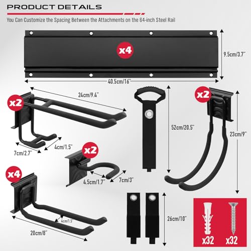 SEDY 64" Heavy Duty Garage Storage Tool Organizer Wall Mount - Tool Rack with Adjustable Hooks, Anti-Rust, 300lbs Capacity - Easy Installation (4 Racks, 10 Hooks, 3 Straps) - style: 64" Garage Wall Organizer (4 Panels, 10 Hooks, 3 Straps)