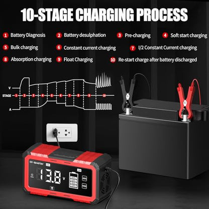 SWTsweter 16A Smart Car Battery Charger,12V/24V Maintainer & Desulfator with 200s Booster Mode - Compatible with 12.6V Lithium-Ion, LiFePO4, AGM, Gel, Lead-Acid for Truck, Motorcycle, RV, Lawn Mower