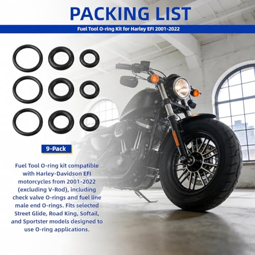 Fuel Tool O-Ring kit for Harley-Davidson EFI Models from 2001 Onwards, Including Fuel Tool Check Valve O-Rings and Fuel line Male O-Rings, for Street Glide, Road King, Softail Models.