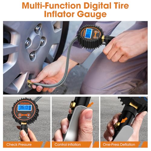 Digital Tire Pressure Gauge with Inflator, 250 PSI Heavy Duty Air Chuck Air Compressor Attachments, Improved Leaks Protection & Stainless Braided Hose Tire Gauge, 0.1 Display Resolution - color: Standard