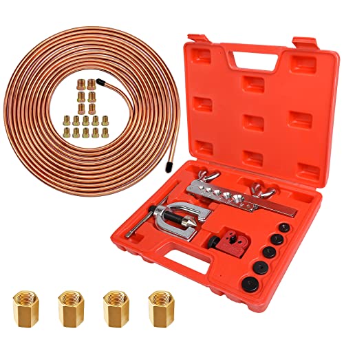 MuHize Brake Line Flaring Tool Kit – 3/16 Inch 25 ft Copper Brake | Double Flaring Tool with 16 Fittings and 4 Unions for Brake Lines, Corrosion Resistant - size: 3/16 Copper-Coated Tube + Flaring Tool Kit