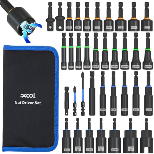 XOOL 36PCS Magnetic Nut Driver Set, Metric and SAE Nut Driver Set for 1/4" Quick-Change Hex Shank, Impact Drill Driver Bit Set with Storage Bag