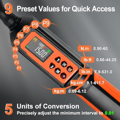 Kerry 3/8 Inch Drive Digital Torque Wrench 0-44.25ft.lb, ±2% High Accuracy | Five Units of Measure,LED and Buzzer Notification, Easy to Read and Operate, 72 Tooth for Bike Motorcycle - size: 3/844ft.lb