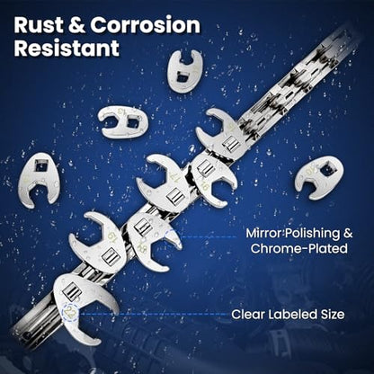 3/8" Drive Metric Crow foot Wrench Set 10-Piece 10-22mm, CR-V Steel Flare Nut Design, for Automotive & Plumbing Tight Spaces Access with Clip-On Organizer