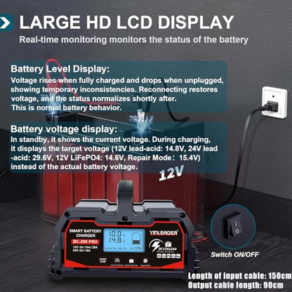 Battery Charger 20A, 12V/24V Lead Acid Smart Battery Charger, 12V LiFePO4 Car Battery Trickle Charger, Automatic Battery Maintainer for Car Motorcycle Lawn Mower Marine Boat Lead Acid Batteries - size: 20A