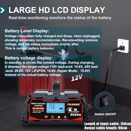 Battery Charger 20A, 12V/24V Lead Acid Smart Battery Charger, 12V LiFePO4 Car Battery Trickle Charger, Automatic Battery Maintainer for Car Motorcycle Lawn Mower Marine Boat Lead Acid Batteries - size: 20A