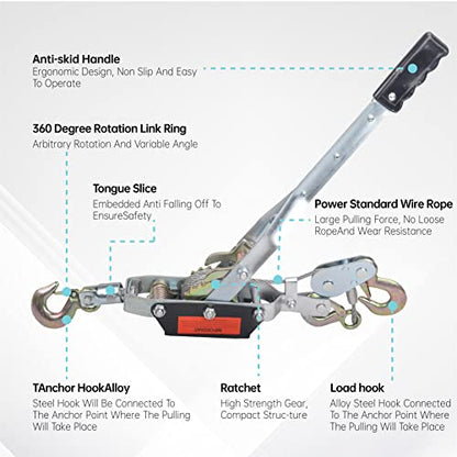 5 Ton Dual Gear Power Puller, 3 Hook Steel Cable Dual Gear Power Ratchet Come Along Puller Tool with Cable Automotive Hoist Hand Winch Cable Puller Stretcher Lift 11,000 Lbs - size: 5-Ton