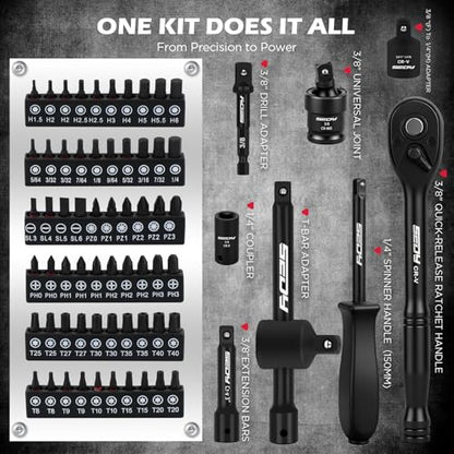 Premium 132-Piece Mechanics Tool Set, SAE/Metric 1/4" & 3/8" Drive Socket Set, Ratcheting Wrenches, Extensions & Adapters, Quick-Release Ratchet, Professional Auto Repair Tool Kit with Storage Case - style: New Version