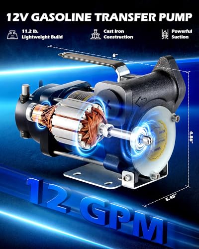 OMT 12GPM Gasoline Transfer Pump, 12V Priming Electric Fuel Pump Set | Auto Oil Transfer Pump with Overheat Protection & Inner Bypass Valve for Diesel, Kero, Light Fuels - color: 12GPM Gas Pump