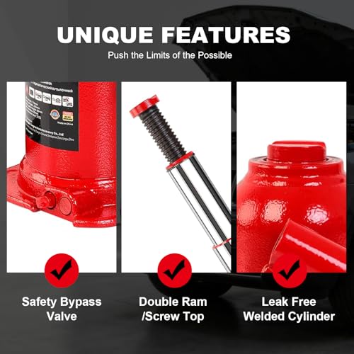 10 Ton (20,000 LBs) Double Ram Welded Hydraulic Car Bottle Jack for Auto Repair and House Lift, Red - size: 10TON-Red