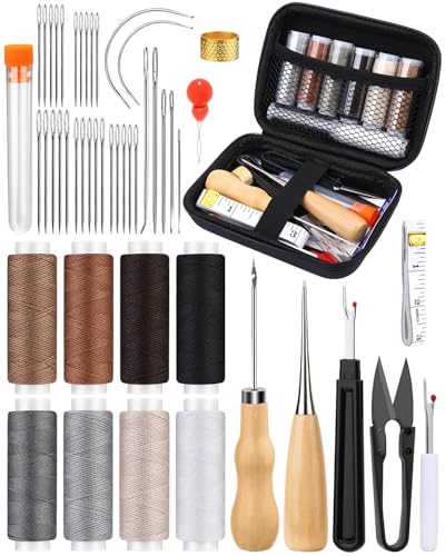 BAGERLA Upholstery Repair Kit, 50 Pcs Heavy Duty Sewing Kit with 8 Colors Thread 32 Pcs Upholstery Needles, Sewing Awls for Hand Stitching Car Sofa Shoe Backpack Craft DIY - color: 8 colors with storage bag