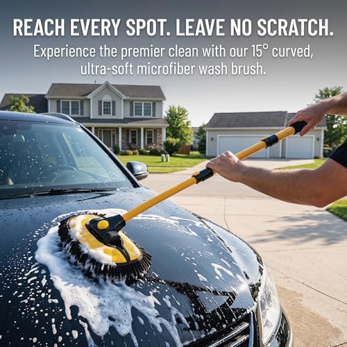 Car Wash Mop with Long Handle 15° Curved Extension Microfiber Scratch-Free Car Wash Brush with 1300GSM Thickened Drying Towel & Soft Bristle Tire Brush Complete Car Wash Kit (Yellow & Black) - color: Yellow & Black