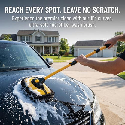 Car Wash Mop with Long Handle 15° Curved Extension Microfiber Scratch-Free Car Wash Brush with 1300GSM Thickened Drying Towel & Soft Bristle Tire Brush Complete Car Wash Kit (Yellow & Black) - color: Yellow & Black