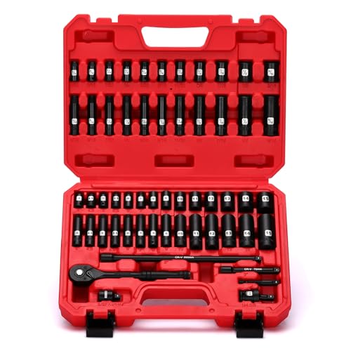 Mayouko 56PCS 1/4 Inch Drive Impact Socket Wrench Set, SAE/Metric, Deep/Shallow, 6 Point, CR-V, 5/32 Inch - 9/16 Inch, 4mm - 15mm, 72 Teeth Ratchet Handle, With Extensions, Adapters, Universal Joint - size: 56PCS With Accessory&Ratchet