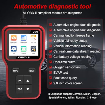 OBD2 Scanner Diagnostic Tool - Code Reader for Cars, Check Engine Light, Read/Clear Error Codes, Emissions Readiness, Battery Tester, All OBD II Vehicles Since 1996 - color: Red
