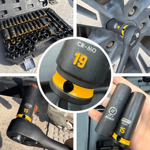 boen 3/8'' Drive Impact Socket Set, 50PCS Standard SAE (5/16 to 3/4 inch) and Metric (8mm-22mm), Deep & Shallow Size, 6-Point with Yellow Embossed Marking, CR-MO