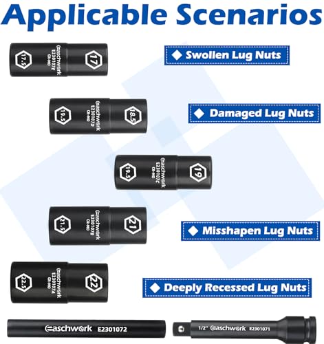 7Pc Half Size Lug Nut Socket Set 1/2” Drive Thin Wall Impact Flip Socket Set With Knockout Bar For Removal of Inflated, Damaged, Warped and Mangled Lug Nuts