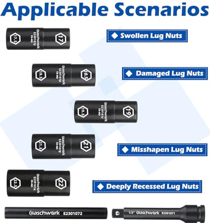 7Pc Half Size Lug Nut Socket Set 1/2” Drive Thin Wall Impact Flip Socket Set With Knockout Bar For Removal of Inflated, Damaged, Warped and Mangled Lug Nuts