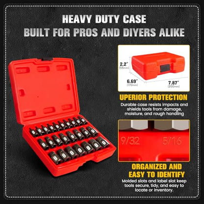 25-Piece 3/8" Drive Impact Bolt Extractor Set, 1/8" - 7/8", Hex Head Multi-Spline Easy Out Screw Extractor Set for Removing Broken Studs, Bolts, Screws, CR-MO Steel, with Heavy Duty Case