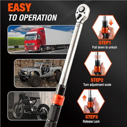Vanquish 1/2-inch Drive Torque Wrench with 5" Extension Bar and 1/2" to 3/8" Adapter, 72-tooth, 20-170 FT.LB/27.1-230.6 Nm, ±3% High Precision, 1600AM - size: 1/2-inch Drive