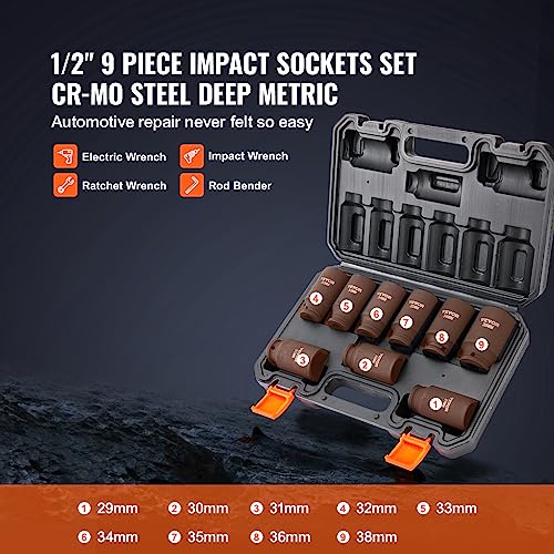VEVOR 1/2" Drive Impact Socket Set, 9 Piece Deep Socket Set Metric 29-38mm, 6 Point Cr-Mo Spindle Axle Nut Impact Socket Set for Auto Repair,Easy-to- Read Size Markings, Includes Storage Case - style: 1/2" 9PCS CR-MO