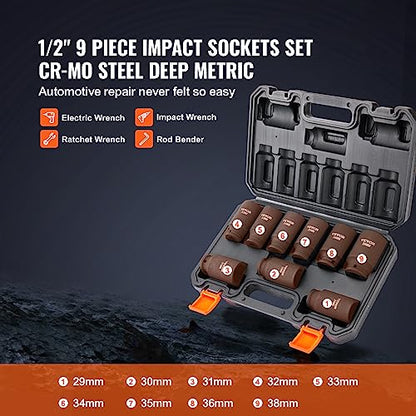 VEVOR 1/2" Drive Impact Socket Set, 9 Piece Deep Socket Set Metric 29-38mm, 6 Point Cr-Mo Spindle Axle Nut Impact Socket Set for Auto Repair,Easy-to- Read Size Markings, Includes Storage Case - style: 1/2" 9PCS CR-MO