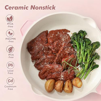 SENSARTE Nonstick Ceramic Skillet with Lid 11-inch, 4.5QT Non Toxic Deep Frying Pan, Saute Pan with Lid, Stay-cool Handle, Healthy Cooking Pot, Induction Compatible, Pink - color: Sakura Pink, size: 11-inch/4.5QT