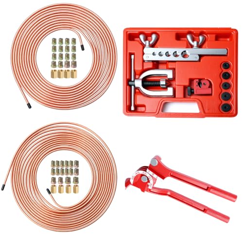 Joyzeal 25ft 3/16"+1/4" Copper Brake Line Kit, 16 Fittings+Flaring Tool | Corrosion Resistant, Hand-Bendable Steel Tubing, 4 Unions, Fits Cars Trucks SUVs, Multi-Material Compatible - size: 3/16''+1/4''
