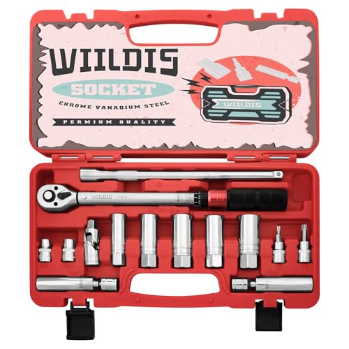 WIILDIS 14 PCS 3/8 Inch Drive Spark Plug Socket Set with Click Torque Wrench（5-45 Lb.ft/6.8-61.2 Nm）, Magnetic Swivel Sockets, Universal Joint, Extension Bar, Cr-V Steel - size: 14 PCS