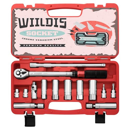 WIILDIS 14 PCS 3/8 Inch Drive Spark Plug Socket Set with Click Torque Wrench（5-45 Lb.ft/6.8-61.2 Nm）, Magnetic Swivel Sockets, Universal Joint, Extension Bar, Cr-V Steel - size: 14 PCS