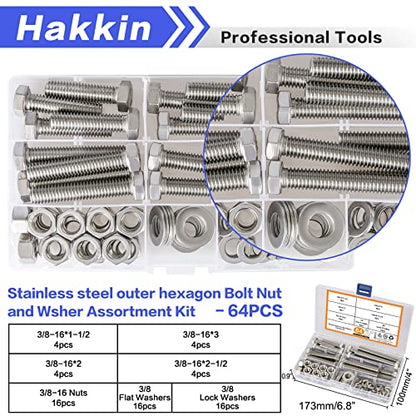 3/8-16 Hex Bolts and Nuts Kit 64PCS, 304 Stainless Steel 3/8” Heavy Duty Nuts and Bolts Screws Flat & Lock Washers Kit, Machine Screws Set with Storage Case - size: 64PCS 3/8-16 Hex Bolts Silver