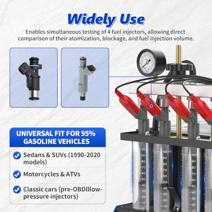 BELEY V308 Fuel Injector Cleaner Tester Machine with Heated Ultrasonic | 4-Cylinder Injector Cleaner Featuring Visual Spray Pattern, Flow Rate & Leak Test for 12V Gasoline Car & Motorcycle Injectors - size: ‎Standard Fuel lnjector