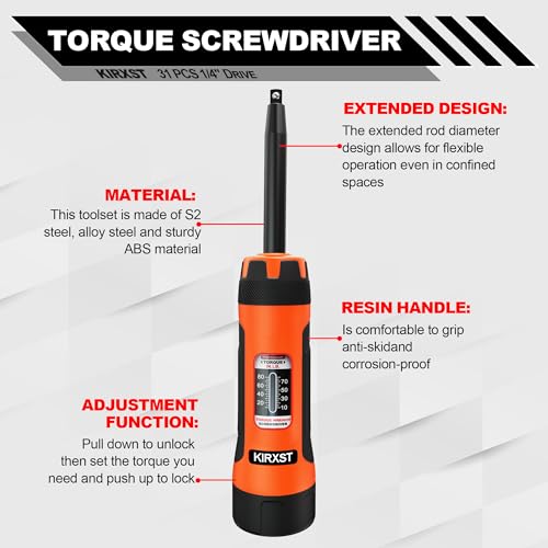 32 PCS 1/4" Drive Long Shank Torque Screwdriver, 10-80 Inch Pound Torque Screwdriver Set with S2 Bits and Socket Adapter for Maintenance, Tools, Bike Repairing and Mounting - size: 10-80inch.L