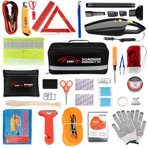 STDY Car Roadside Emergency Kit, Vehicle Truck Safety Road Side Assistance Kits Auto Accessory, with Jumper Cables, Car Vacuum, etc - size: Essential Kit+Car Vacuum