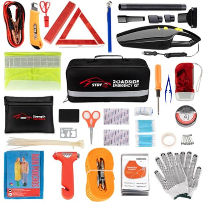 STDY Car Roadside Emergency Kit, Vehicle Truck Safety Road Side Assistance Kits Auto Accessory, with Jumper Cables, Car Vacuum, etc - size: Essential Kit+Car Vacuum