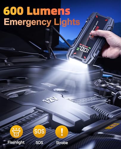 4000A Portable Car Jump Starter, Battery Jump Starter for 8L Gas & 6L Diesel Engines, 10 Safety Protections, 12V Jump Box with Jumper Cable, LED Light, 2.0" LCD Display for Trucks SUV RVs Boats - color: red