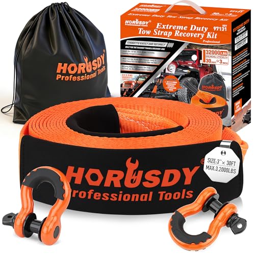 HORUSDY Nylon Heavy Duty Tow Strap Recovery Strap with Hooks 3" x 30Ft - 32,000 LBS Break Strength, 3/4 D Ring Shackles (2pcs), Recover Your Vehicle Stuck in Mud/Snow - style: 32,000 LBS Break Strength, 3/4 D Ring Shackles (2pcs)
