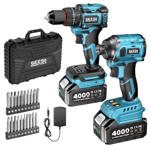 SEESII 21V Max Cordless Drill and Impact Driver, Power Tool Combo Kit Included 3/8'' Drill & 1/4'' Impact Driver, 2x 4000mAh Battery, Fast Charger, 20 pcs Driver Bit Set & Bag - color: Blue 21