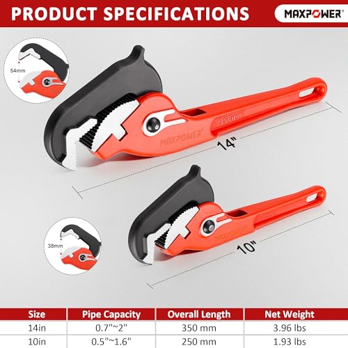 MAXPOWER 10"&14" Pipe Wrenches, 2-Piece Self-Adjusting Pipe Wrench, Rapid Grip Quick Self-Adjust Plumbing Wrench for Household Maintenance - size: 10"&14"