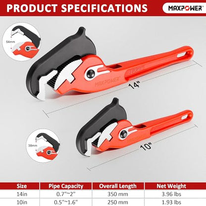 MAXPOWER 10"&14" Pipe Wrenches, 2-Piece Self-Adjusting Pipe Wrench, Rapid Grip Quick Self-Adjust Plumbing Wrench for Household Maintenance - size: 10"&14"