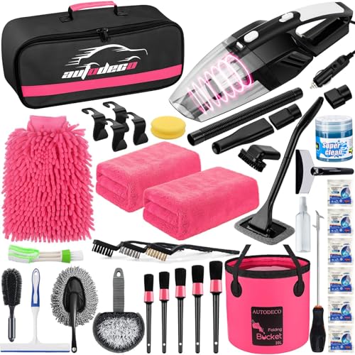 41Pcs Car Cleaning Wash Kit Interior Detailing Cleaner Kit with High Power Handheld Vacuum, Collapsible Bucket, Windshield Tool, Snow Shovel, Tire Brush, Complete Car Care Tools, Pink - color: Pink, size: 41Pcs