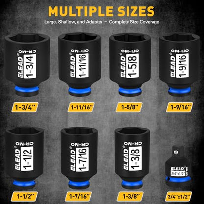 1/2'' Drive Deep Impact Socket Set, 8-Piece SAE Wheel Axle Nut Wrench Large Sockets Standard Adapter 1-11/16 1-9/16 1-3/8 1-7/16 1-1/2 1-5/8 1-3/4 Imperial Spindle Joint Torque Bearing Locknut Truck - style: SAE 6-Point