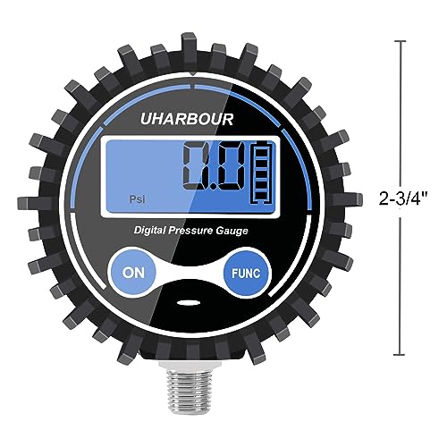 UHARBOUR Digital Air Pressure Gauge 5-200 PSI Digital Pressure Gauge 1/8" NPT, 2-1/2" Dial Size Auto Shut Off Air Pressure Gauge with Protective Case - size: 200PSI