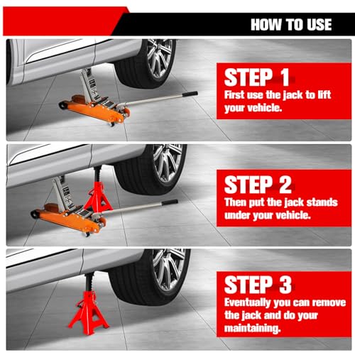 3 Ton Jack Stands (6,600 LBs Capacity) - Heavy Duty Car Jack Stand with Double Pin Locking, 11.22"-16.54" Adjustable Height, Extra Rubber Pads for Trucks, Garage, Vehicle Lifting, 1 Pair Red - color: Red, size: 3 Ton Jack Stands with Rubber Pads