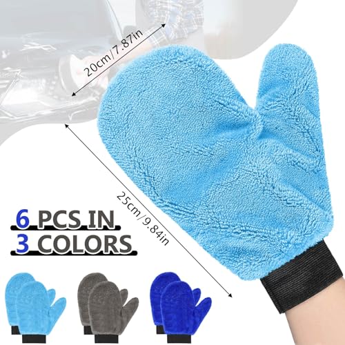 Teenyyou 6 Pcs Microfiber Dusting Mitt Car Wash Mitts Cleaning Glove with Thumb Reusable Terry Dusting Gloves with Elastic Wrist Cuff for Car Wheel Plants House Kitchen(Blue, Grey,9.84 x 7.87 Inch) - color: Blue, Grey, size: 9.84 x 7.87 Inch