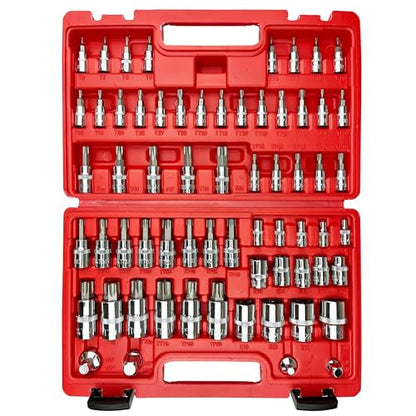 EACELIY 64PCS 1/4,3/8&1/2” Master Torx Bit Socket Set and External Torx Socket Set,E4-E24,T6-T70,TT6-TT70,TP8-TP60,Adapters,S2 and Cr-V Steel - size: 64PCS