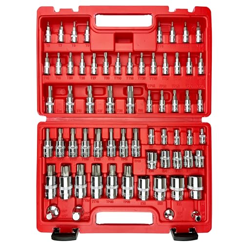 EACELIY 64PCS 1/4,3/8&1/2” Master Torx Bit Socket Set and External Torx Socket Set,E4-E24,T6-T70,TT6-TT70,TP8-TP60,Adapters,S2 and Cr-V Steel - size: 64PCS