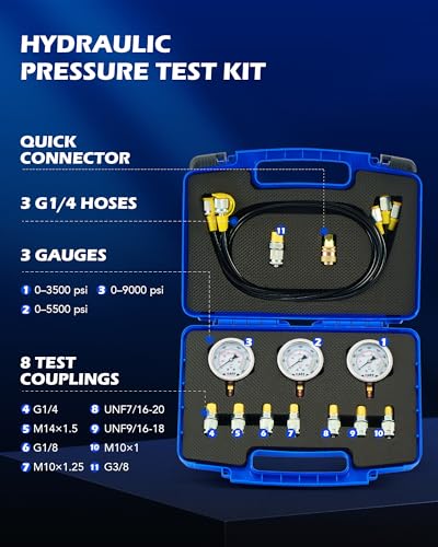 OMT Hydraulic Pressure Test Kit with 3 Gauges Up to 9000 PSI, 3 Hoses | Stainless Steel Dials; Glycerin Shockproof Display; Excavator Diagnostics; Heavy Equipment Repair; 8 Versatile Fittings - size: 3500 5500 9000 Psi